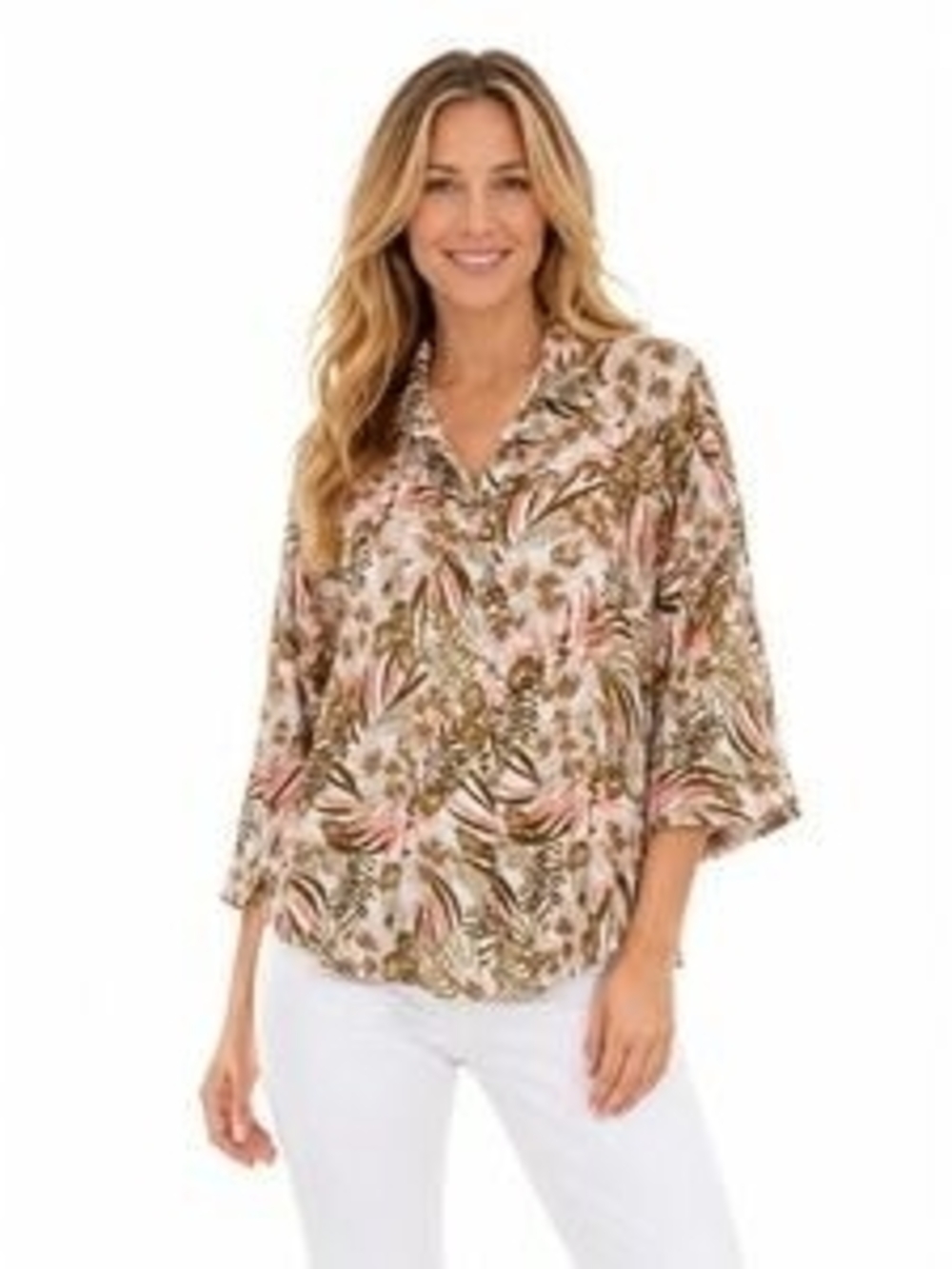 Denim &Co. Soft Linen Blend Coral/Brown Floral Print Button Print Blouse